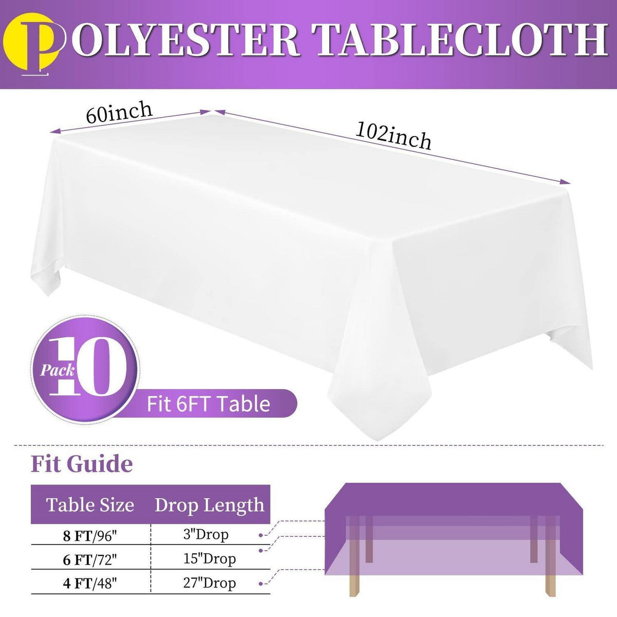 10x Weiße Tischdecken 6ft Rechteck – Knitterfrei & Waschbar