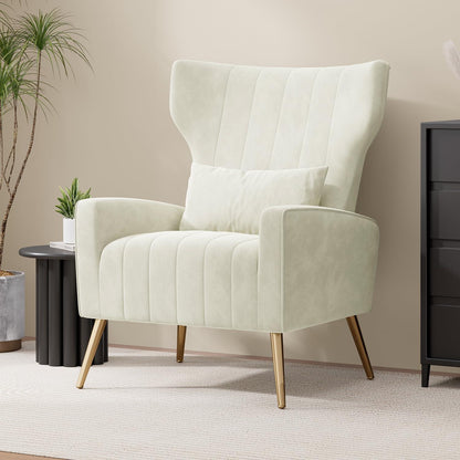 Samt Ohrensessel mit Kopfkissen & Goldfüßen – Beige
