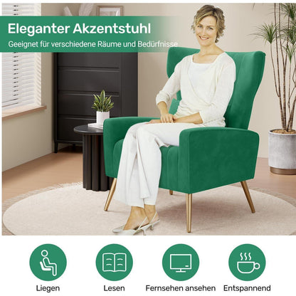 2er-Set Samt Relaxsessel mit Kopfkissen & Goldfüßen, Grün