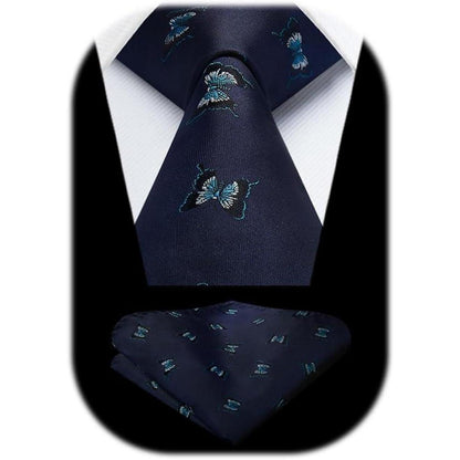 Herren Krawatten Set mit Tiermuster und Einstecktuch, Navy Blau