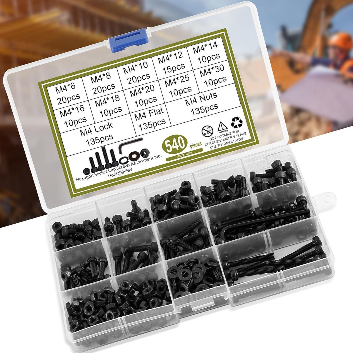 Schraubenset M4 Schwarz Sechskant mit Muttern & Unterlegscheiben 540 Teile
