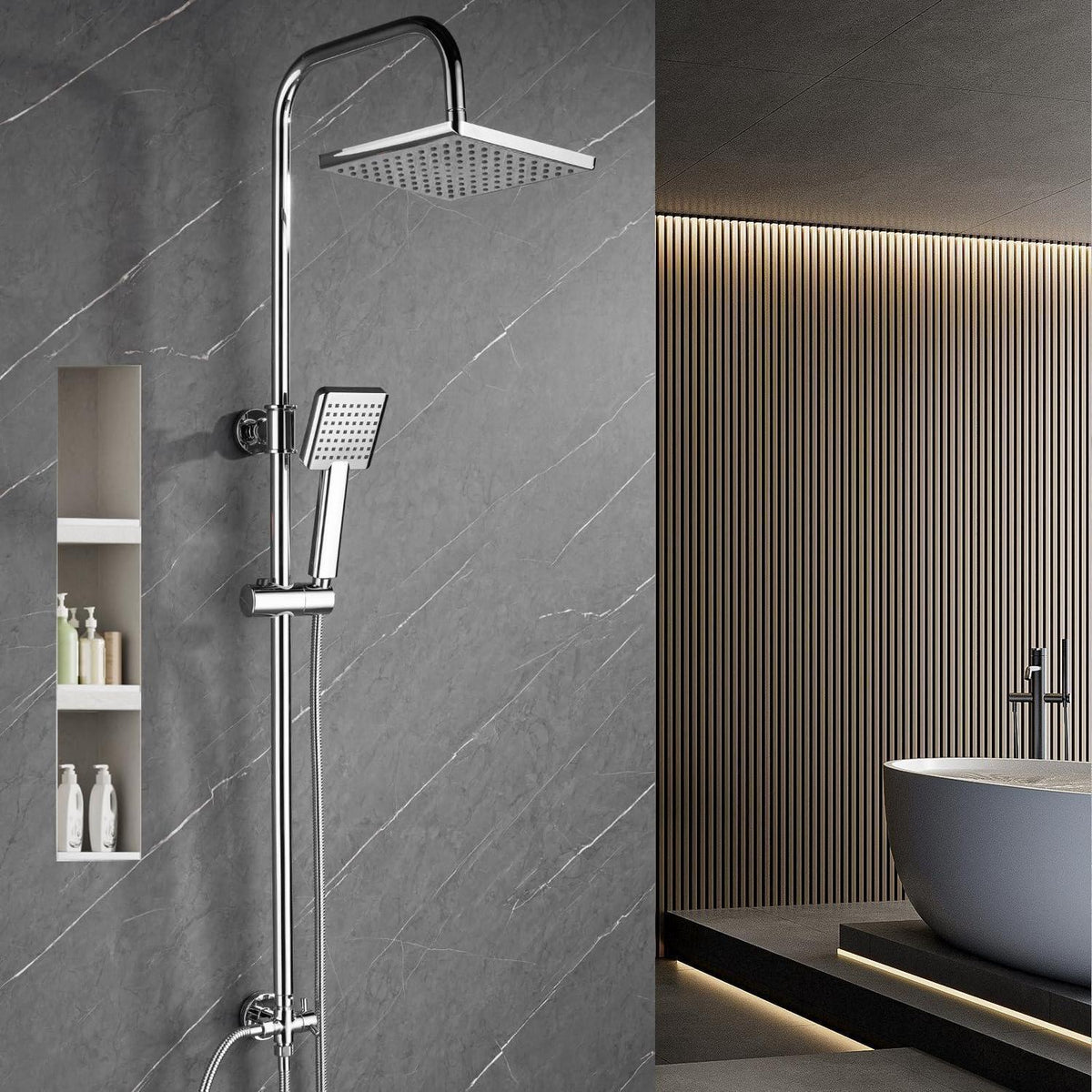 Regendusche Set Chrome Eckig 21x21cm Höhenverstellbar