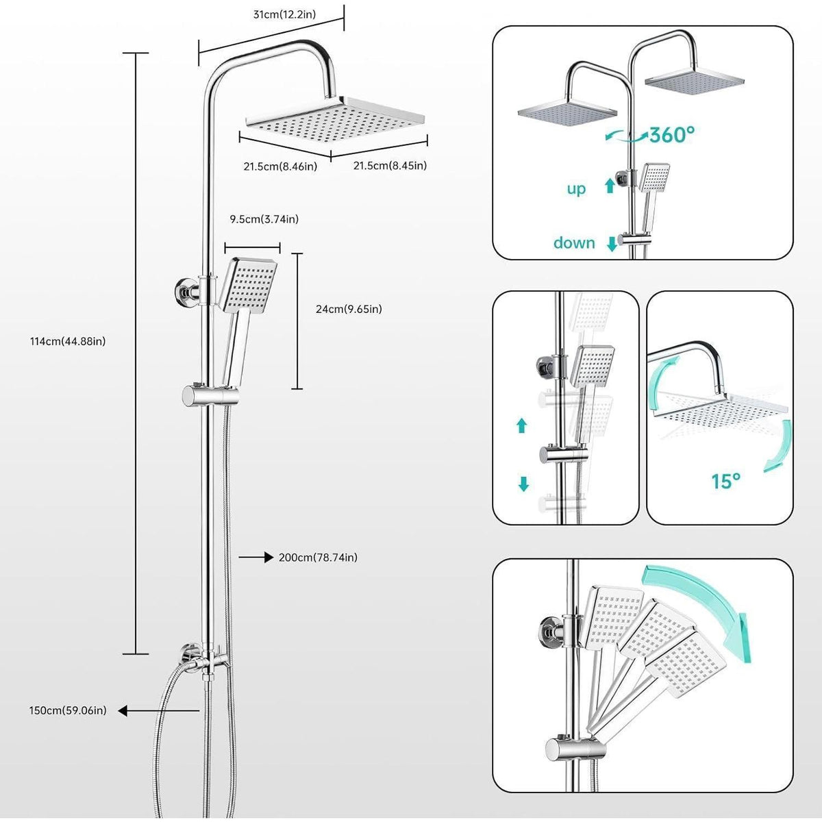 Regendusche Set Chrome Eckig 21x21cm Höhenverstellbar