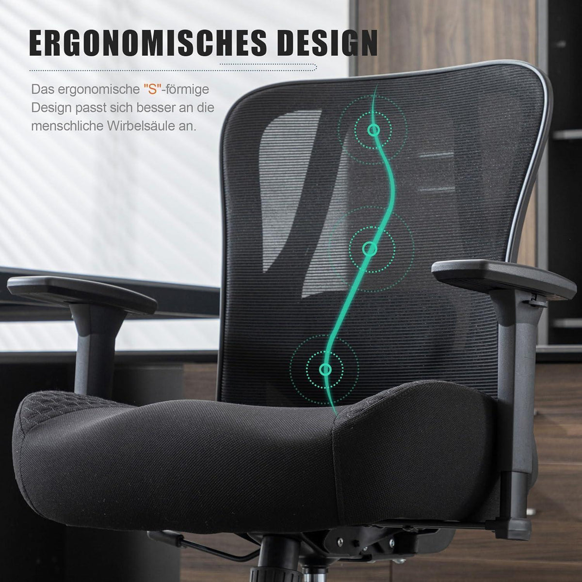 Ergonomischer Bürostuhl 230kg, Lendenwirbelstütze, Netzrücken, Schwarz