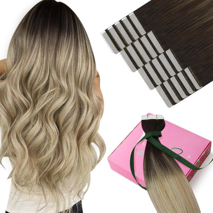 Echthaar Tape Extensions Balayage Braun Blond 45cm