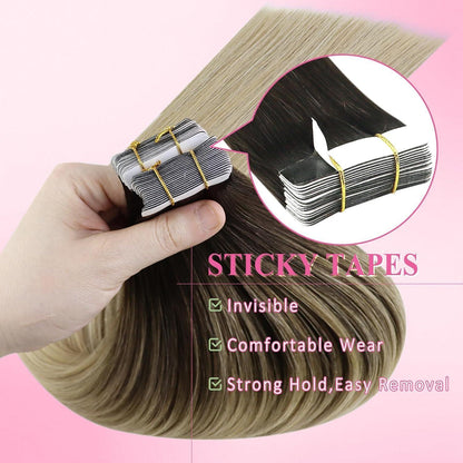 Echthaar Tape Extensions Balayage Braun Blond 45cm