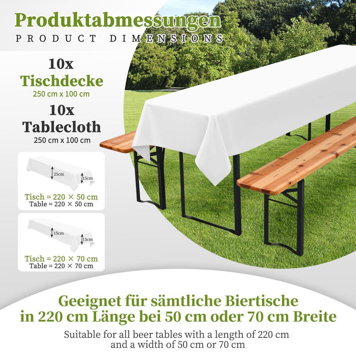 10x Tischdecke für Biertisch – Weiß, 100x250 cm