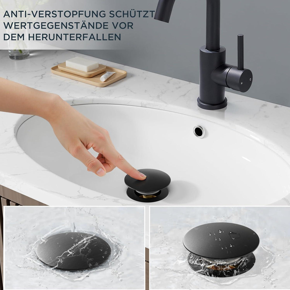 Hochwertige Waschtischarmatur Schwarz Matt mit Ablaufgarnitur