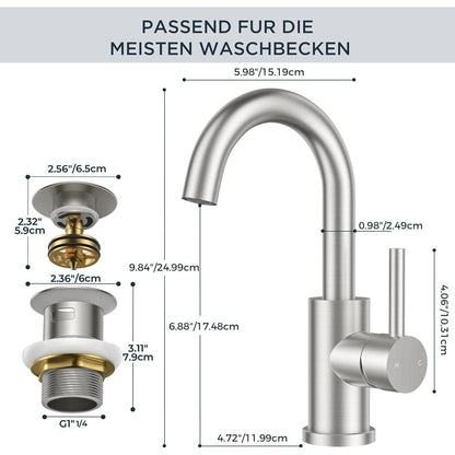Hochwertiger Waschtischarmatur mit Ablaufgarnitur, 360° drehbar, gebürstetes Nickel
