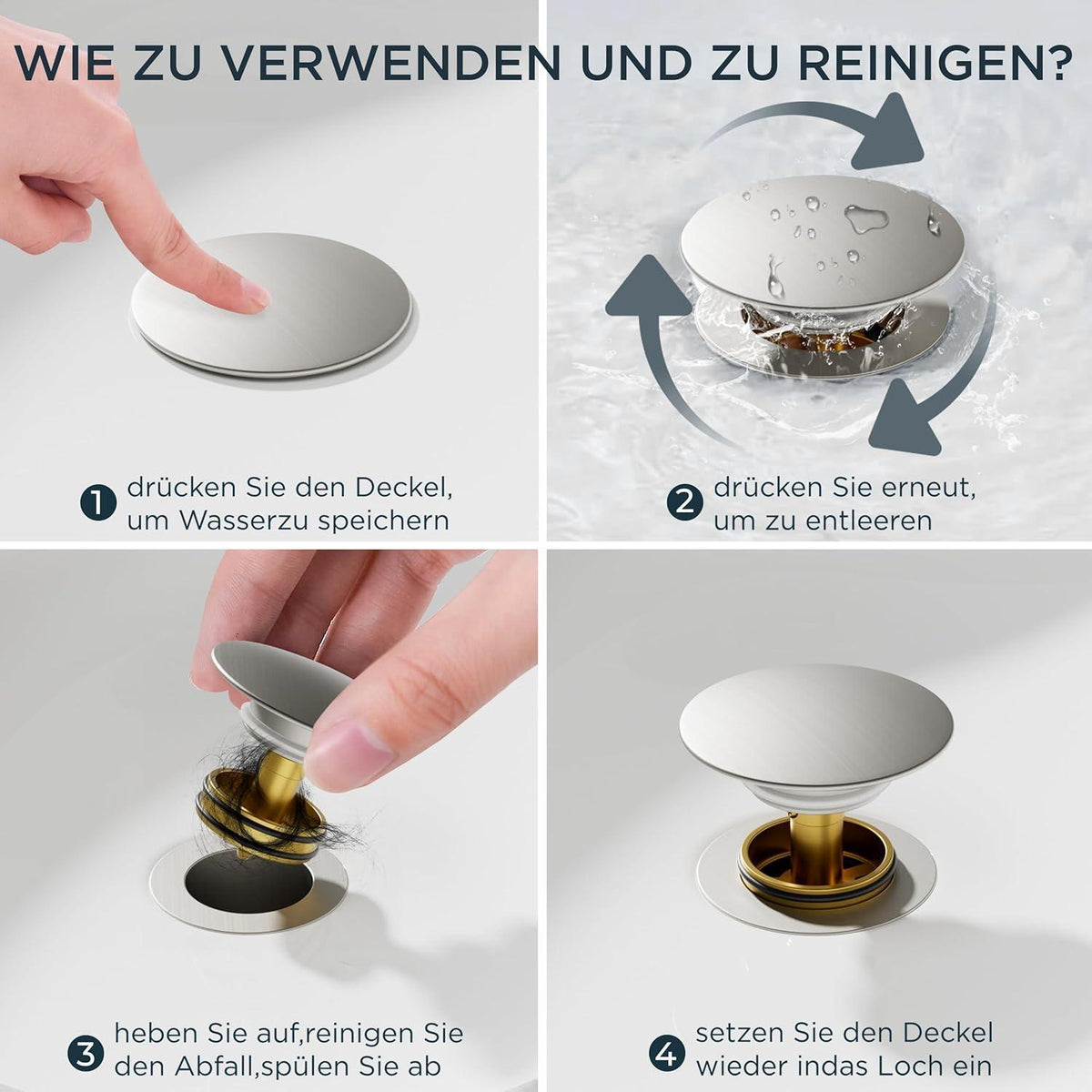 Hochwertiger Waschtischarmatur mit Ablaufgarnitur, 360° drehbar, gebürstetes Nickel