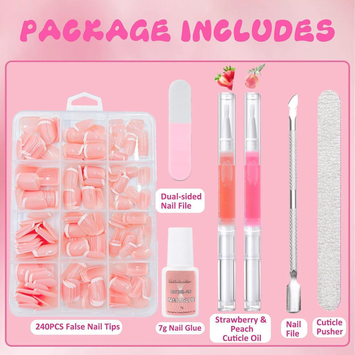 240 Falsche Nägel French Square Set mit Nagelöl