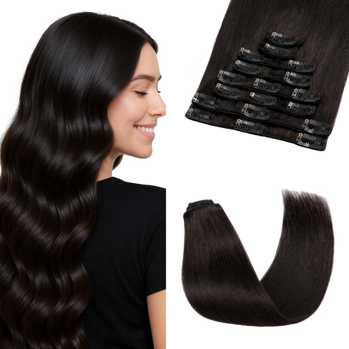 Echthaar Clip-Ins Schwarz 50cm - Remy Haarverlängerung