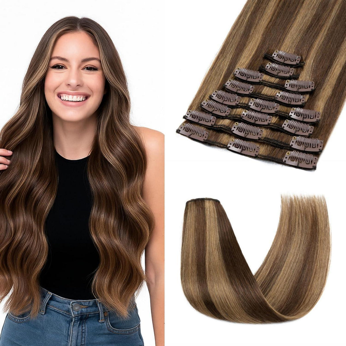 Remy Echthaar Clip-In Extensions Mittelbraun/Dunkelblond 40cm