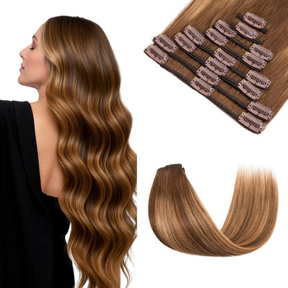 Echthaar Clip-Ins Schokoladenbraun mit Hellbraun, 40cm