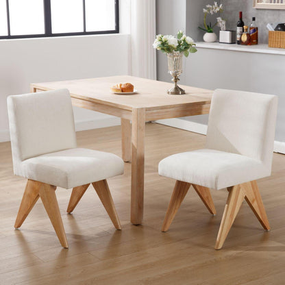 Chenille Esszimmerstühle 2er Set mit Holzbeinen – Beige
