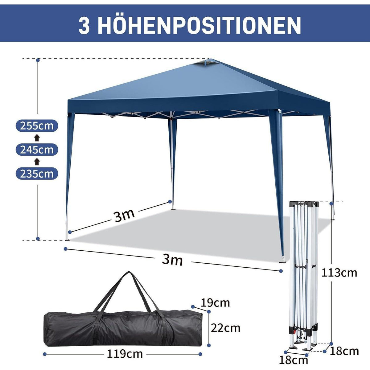 3x3m Pop-Up Pavillon – Wasserdicht & Höhenverstellbar (Blau)