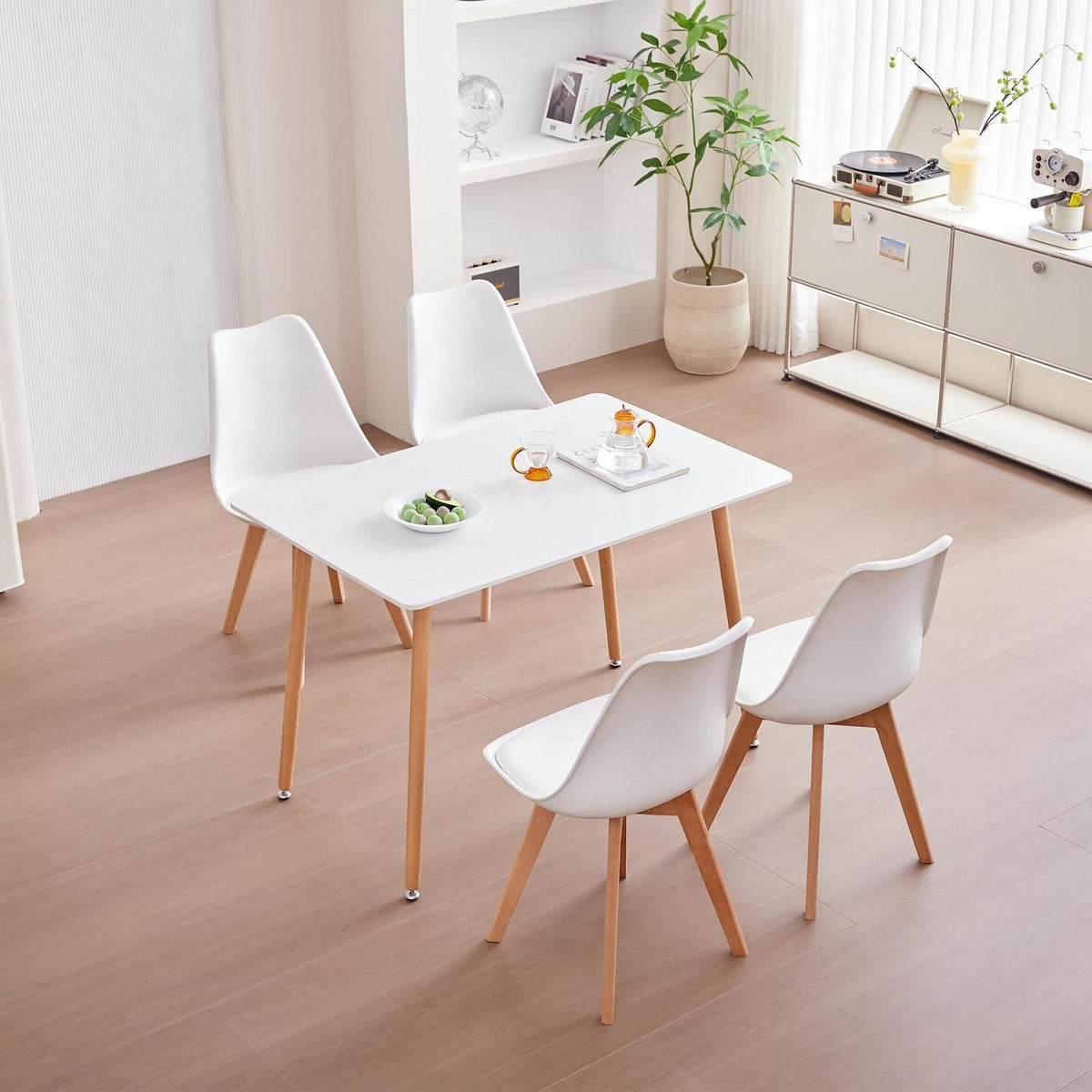 Esszimmer-Set Holz mit 4 skandinavischen Stühlen Weiß