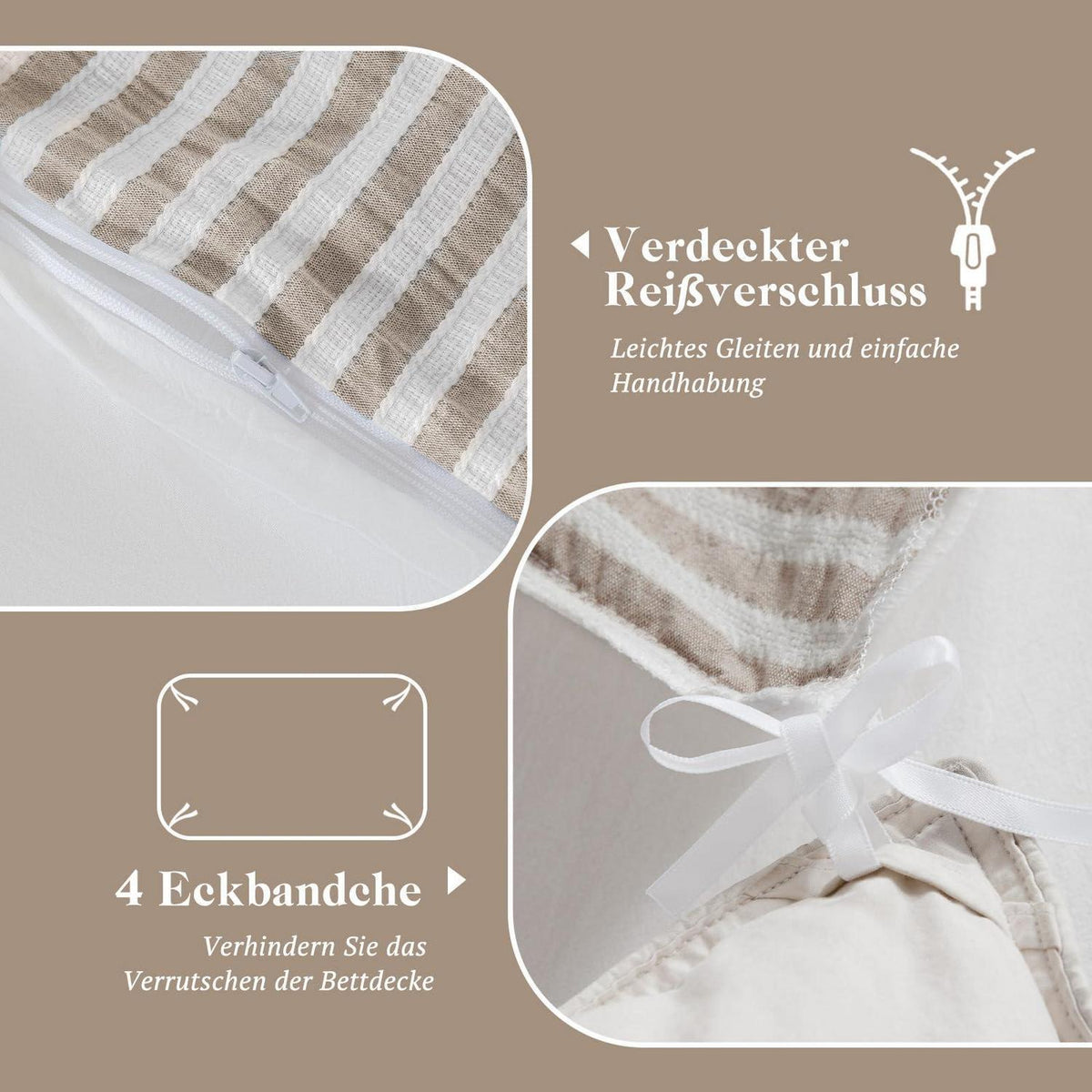 Bettwäsche-Set 135x200 Baumwolle Gestreift Braun & Weiß 4tlg.