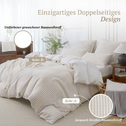 Bettwäsche-Set 220x240 Baumwolle Gestreift Khaki & Weiß 3tlg.