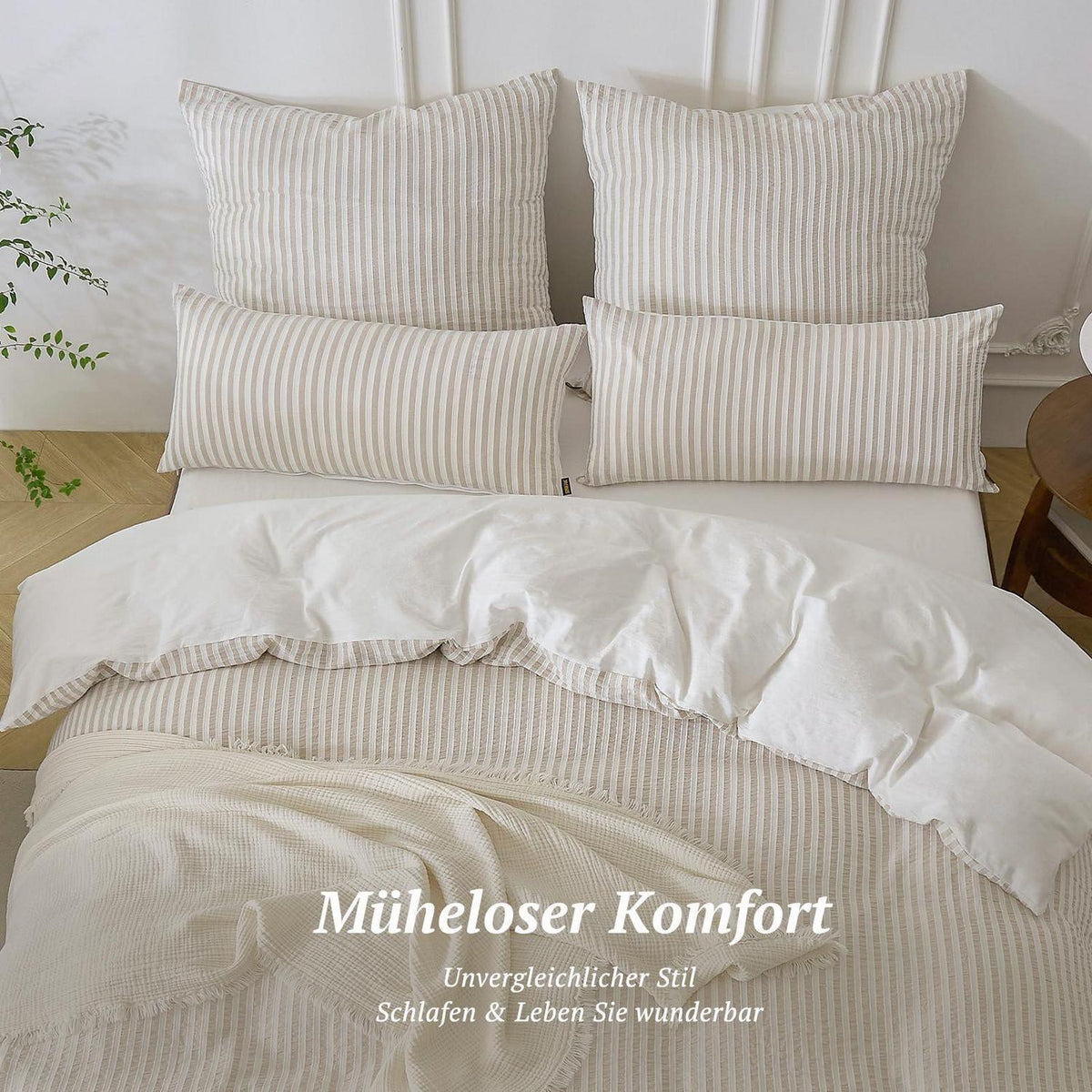 Bettwäsche-Set 220x240 Baumwolle Gestreift Khaki & Weiß 3tlg.