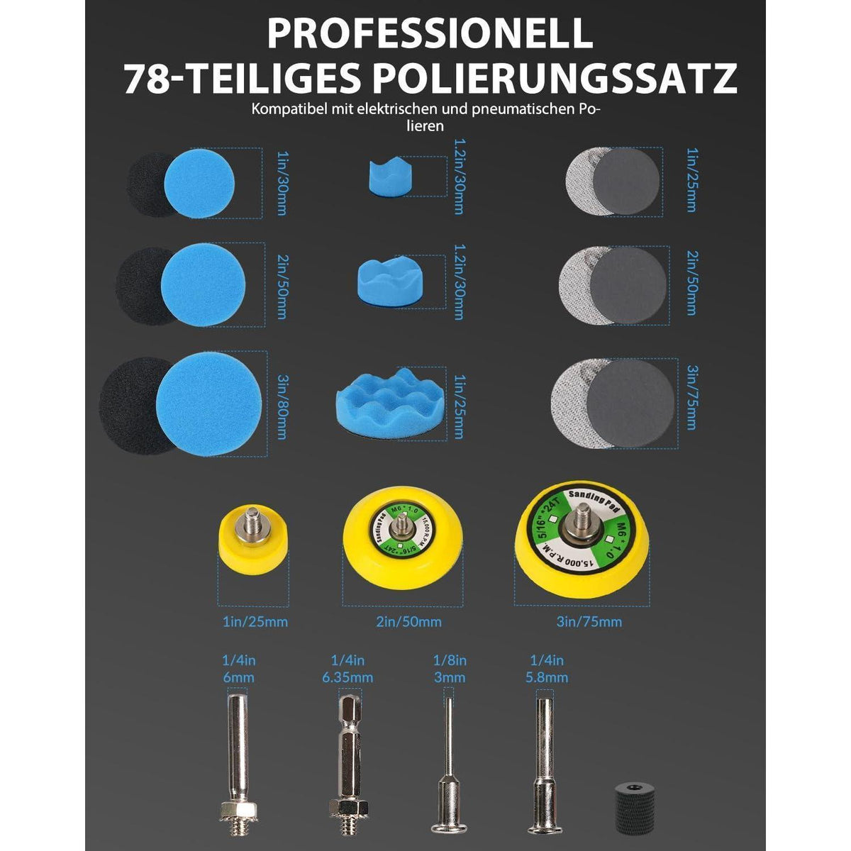 78tlg. Polieraufsatz Set für Akkuschrauber, 30-80mm Auto Politur