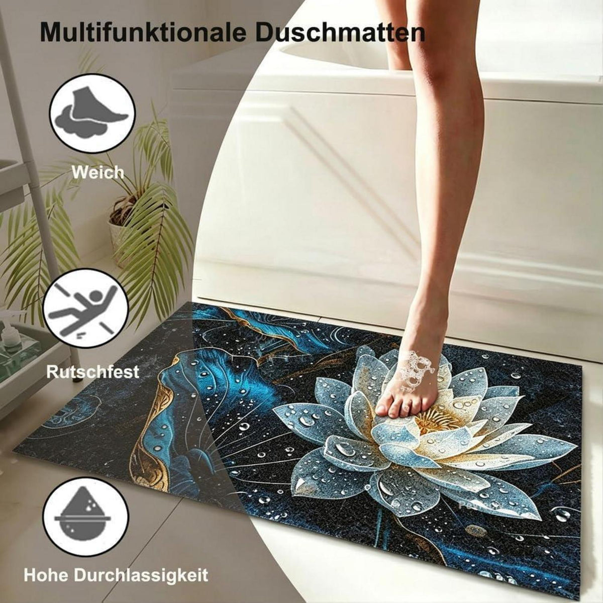 Rutschfeste Duschmatte 130x150 cm – Modernes Lotus-Muster