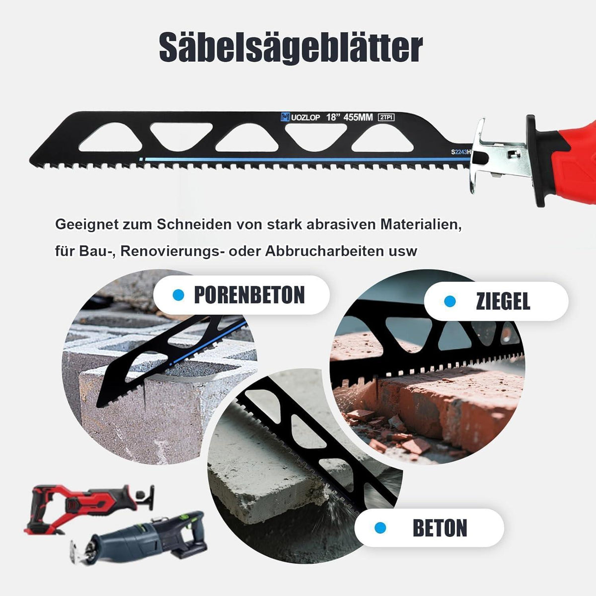 Säbelsägeblätter Stein 455mm Hartmetall 3 Stück für Porenbeton & Metall