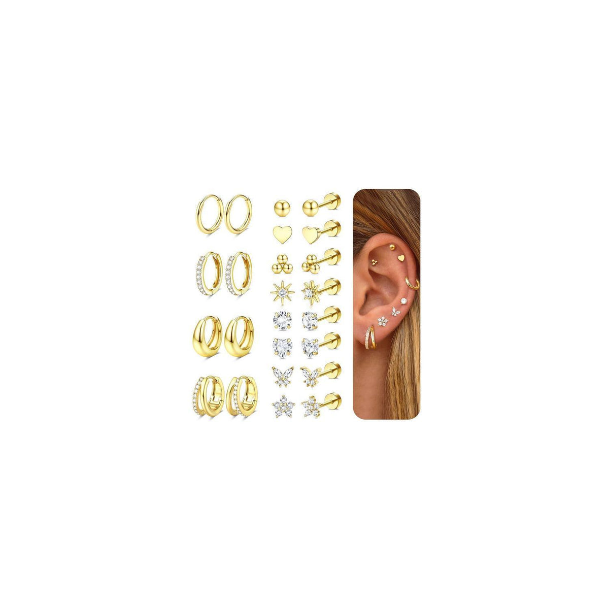 12 Paar Damen Ohrringe Set | Edelstahl & 14K Gold Ohrstecker
