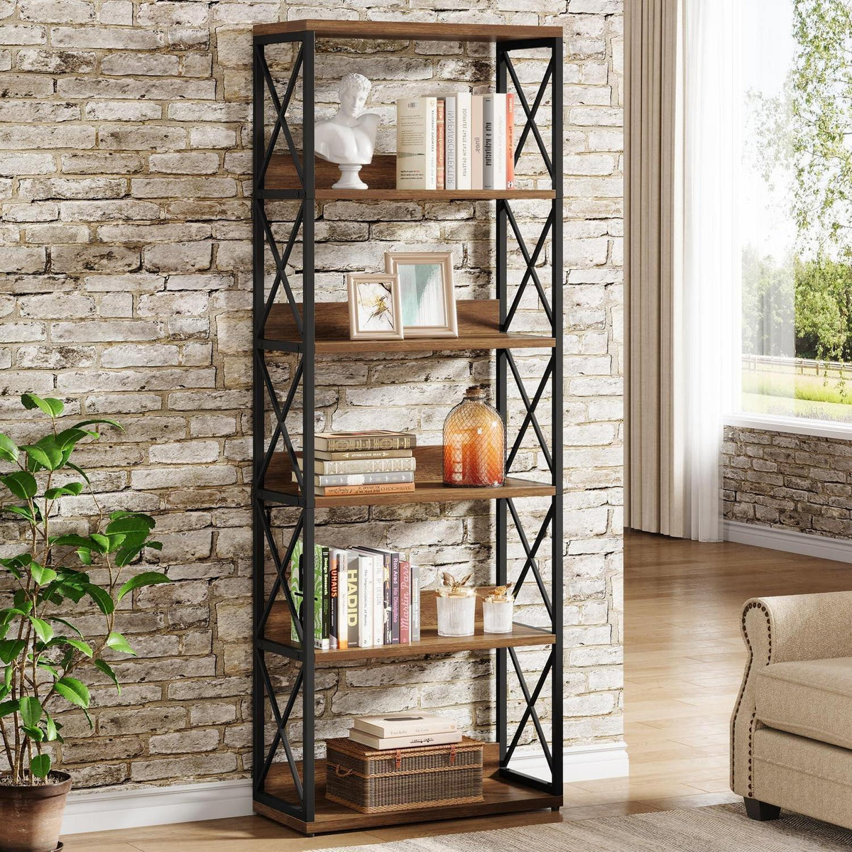Industrie Bücherregal 6-stöckig, 178cm hoch, Braun & Schwarz