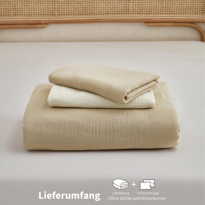 Doppelte Muslin Bettwäsche 200x220 Khaki/Hellbeige – 3-teilig