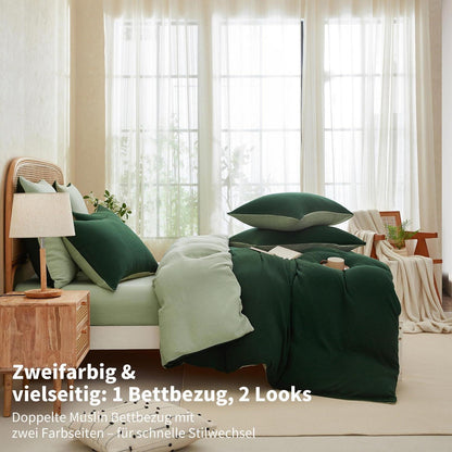 Doppelte Muslin Bettwäsche Dunkelgrün 200x220 - 3-teilig