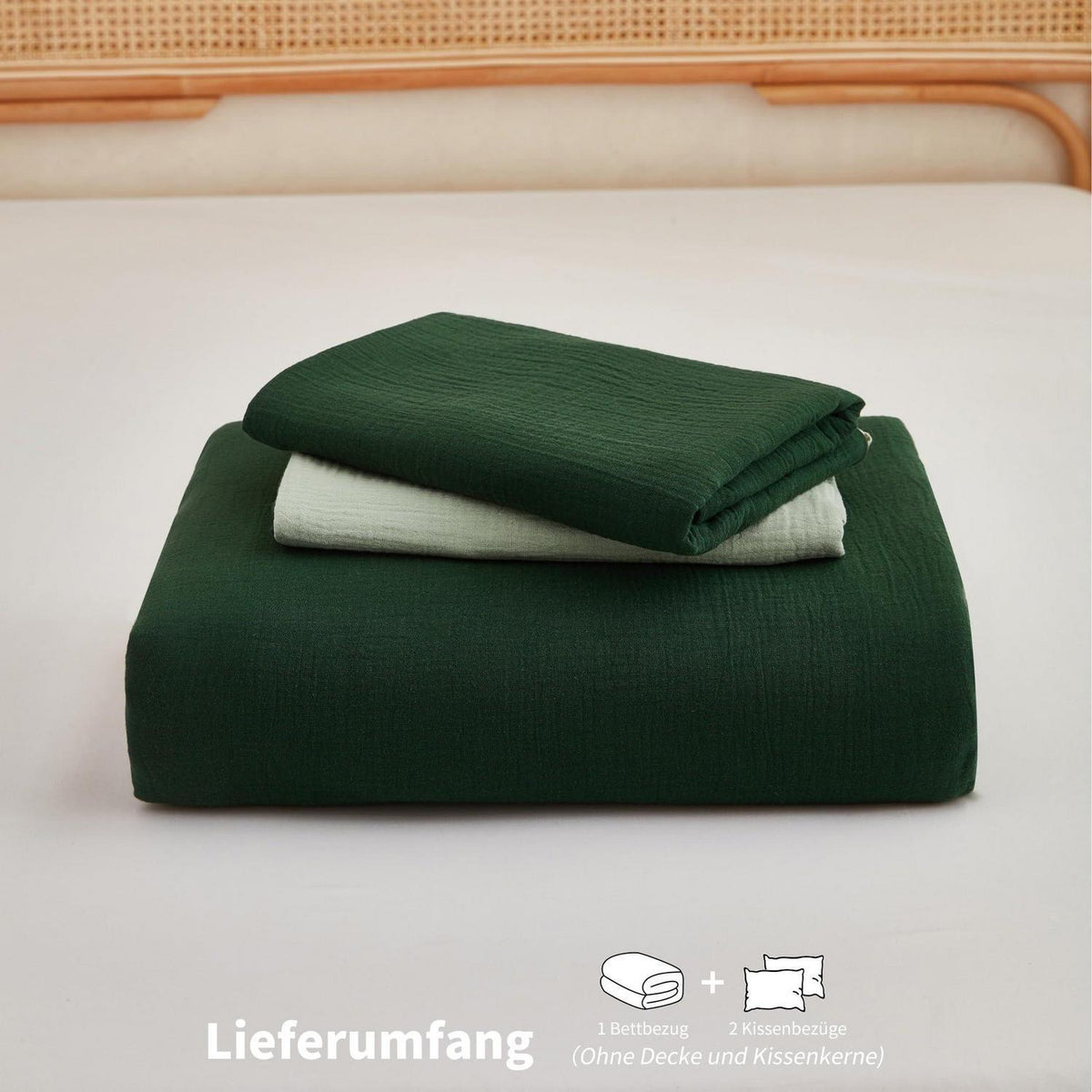 Doppelte Muslin Bettwäsche Dunkelgrün 200x220 - 3-teilig