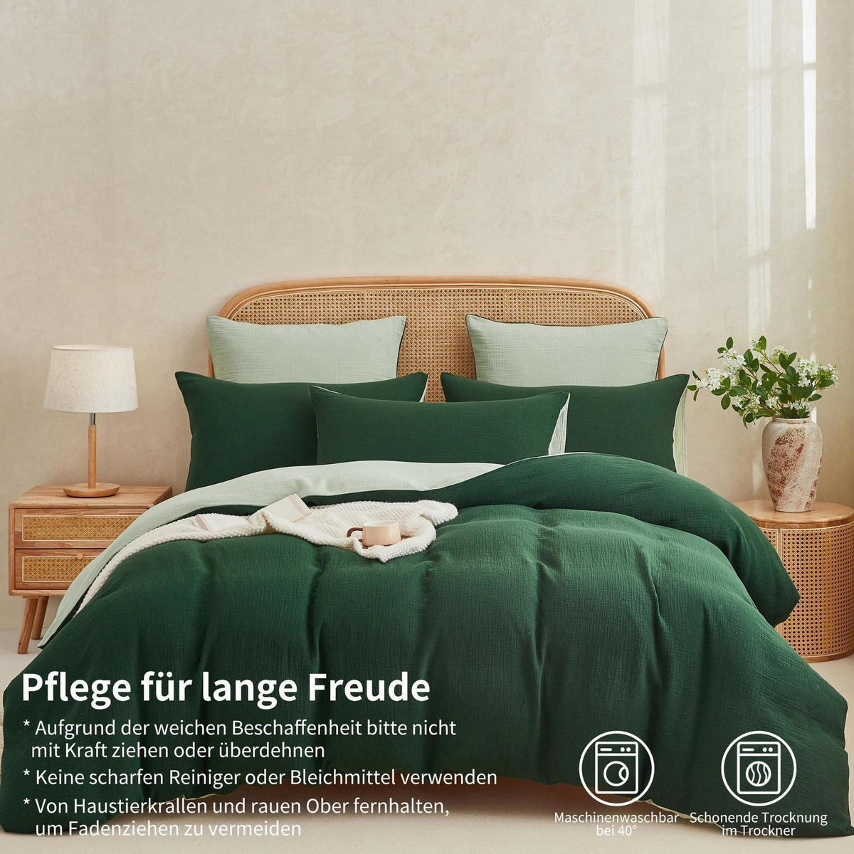 Doppelte Muslin Bettwäsche Dunkelgrün 200x220 - 3-teilig