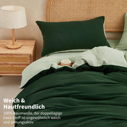 Doppelte Muslin Bettwäsche 200x200 Dunkelgrün - 3-teilig