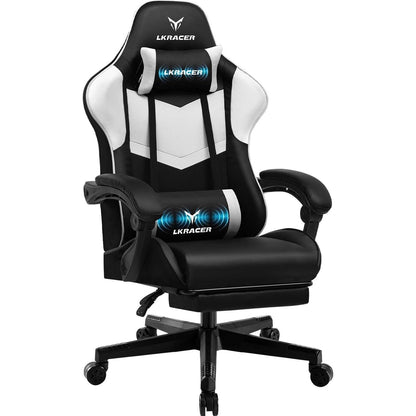 Gaming Stuhl mit Fußstütze, ergonomisch, weiß