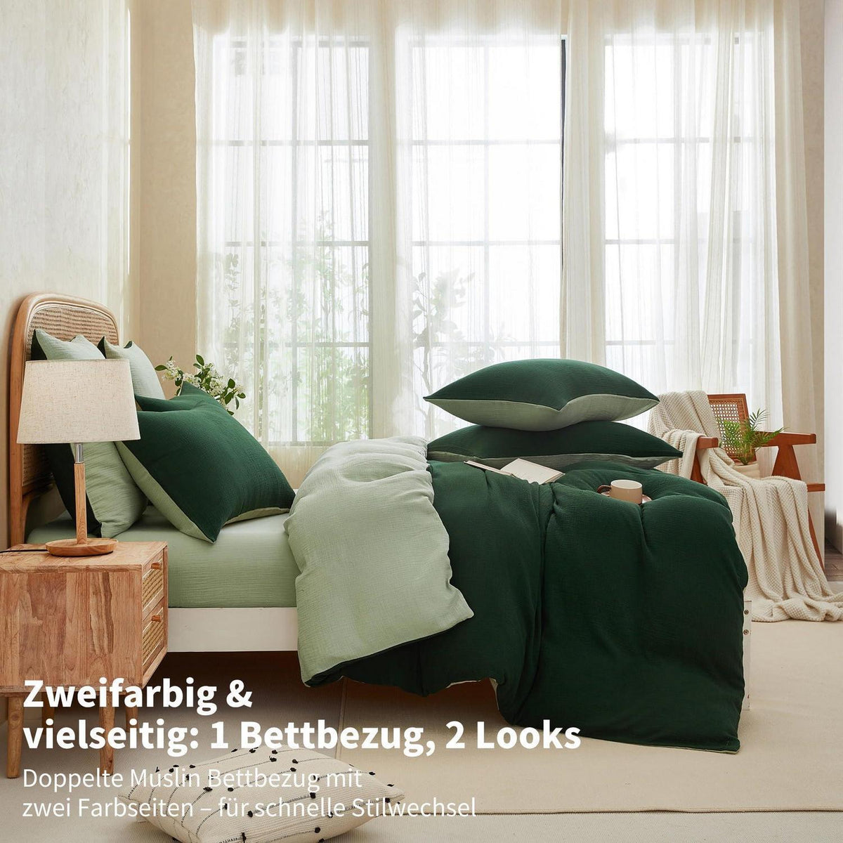 Doppelte Muslin Bettwäsche Dunkelgrün 220x240 - 3-teilig