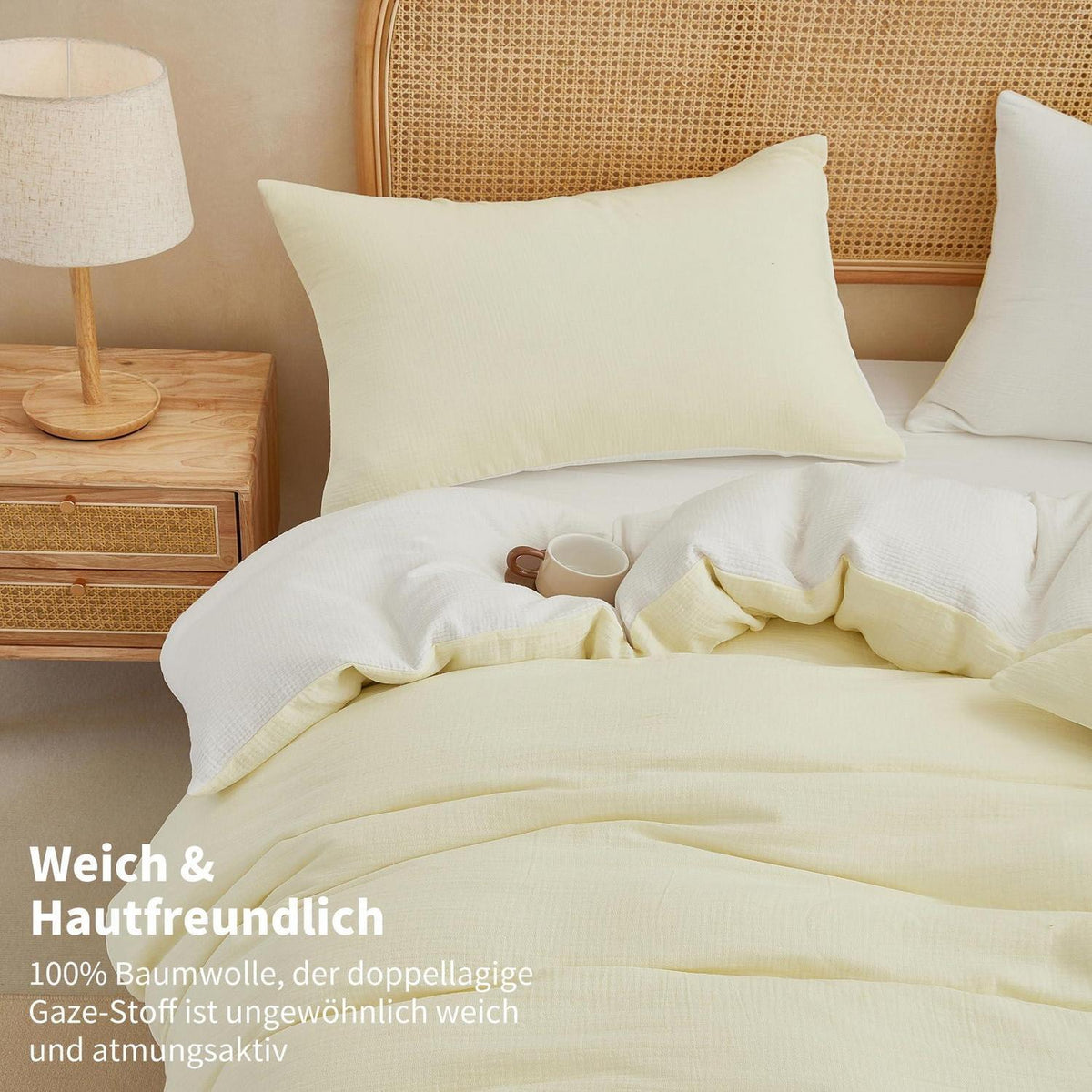 Doppelte Muslin Bettwäsche 220x240 Hellbeige Weiß 100% Baumwolle