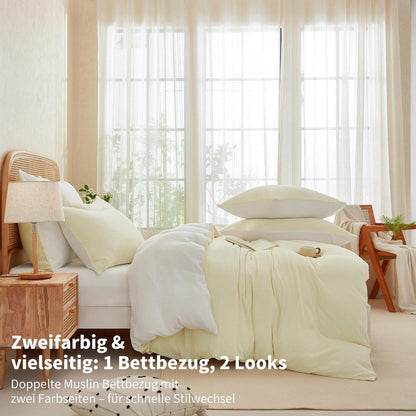 Doppelte Muslin Bettwäsche 220x240 Hellbeige Weiß 100% Baumwolle