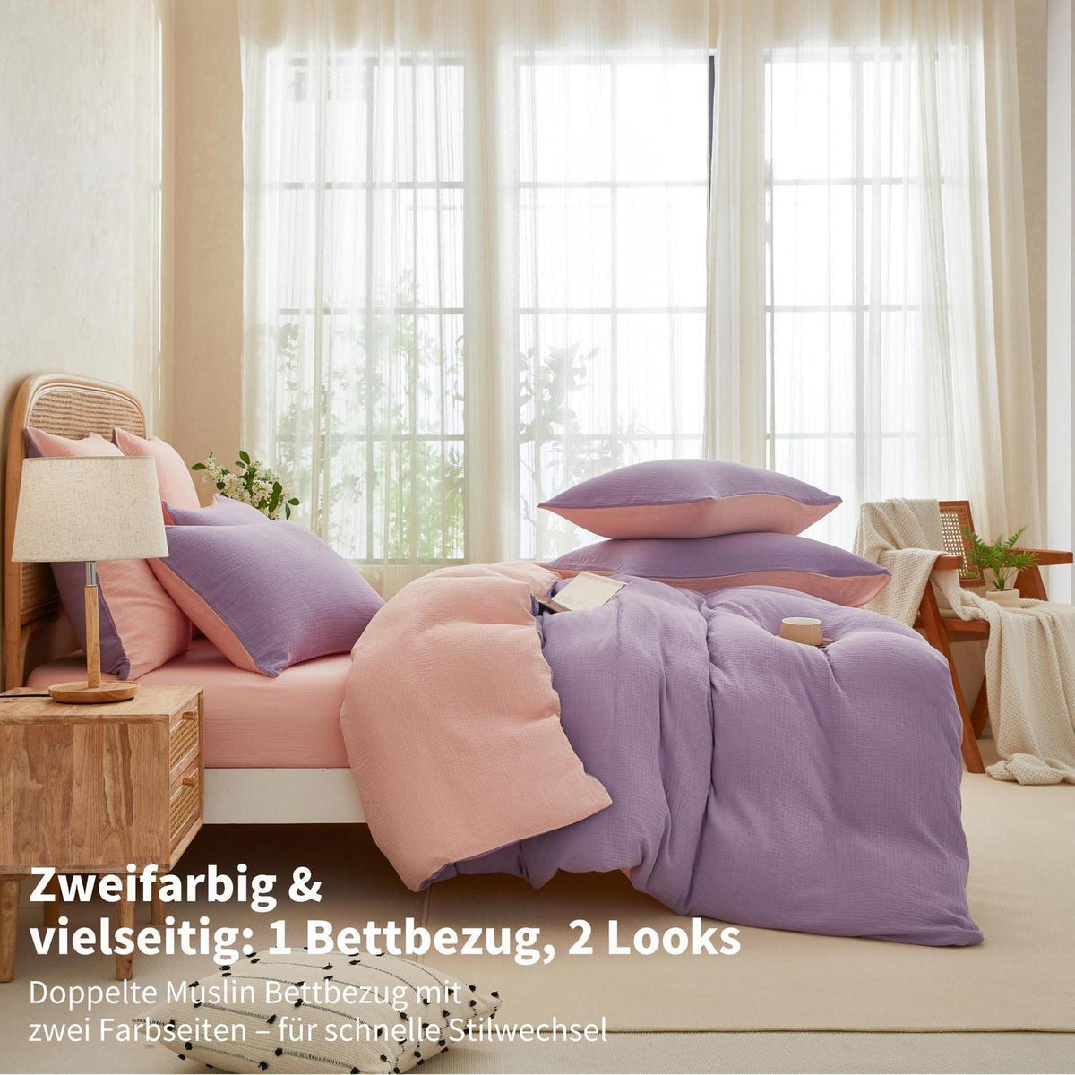Doppelte Muslin Bettwäsche Lila Rosa 200x220 cm - 3-teilig