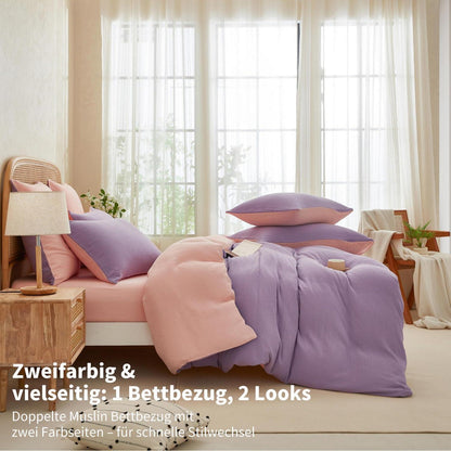 Doppelte Muslin Bettwäsche Lila Rosa 200x220 cm - 3-teilig