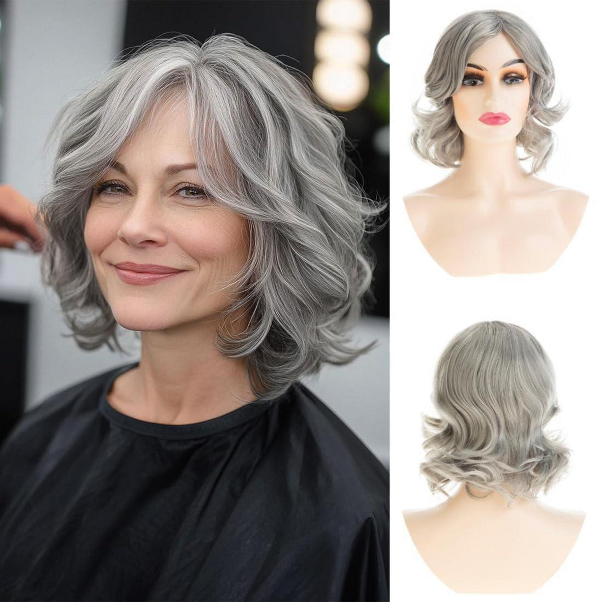 Graue Damen Perücke Kurz Welle Lockig Synthetisch Halloween Cosplay