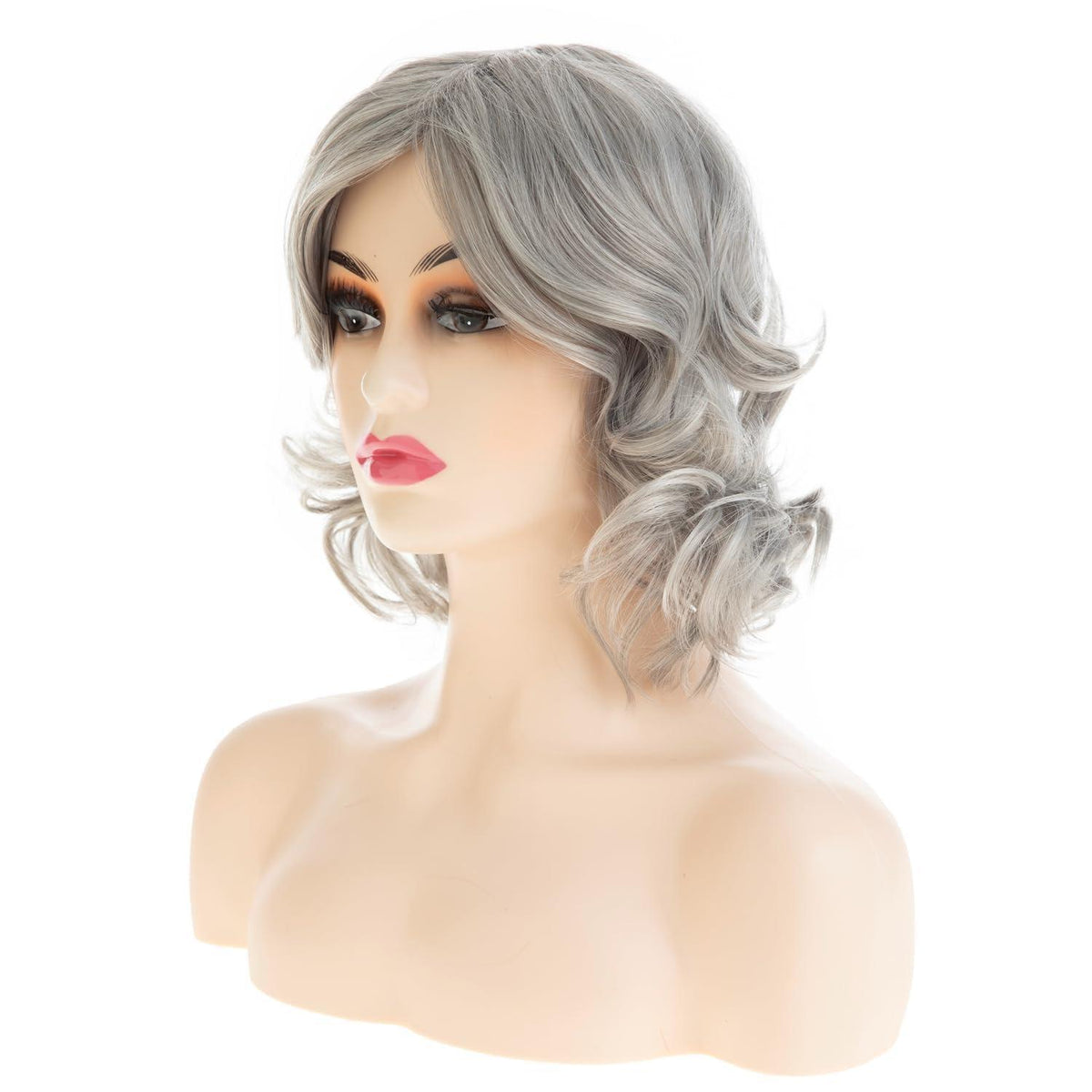 Graue Damen Perücke Kurz Welle Lockig Synthetisch Halloween Cosplay