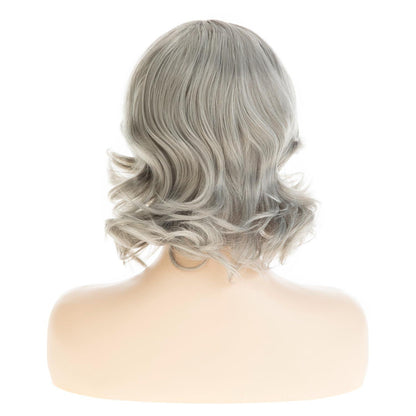 Graue Damen Perücke Kurz Welle Lockig Synthetisch Halloween Cosplay