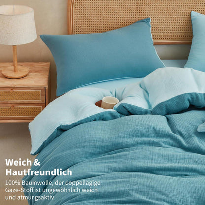 Doppelte Muslin Bettwäsche 200x200 Petrol Blau – 3-teilig