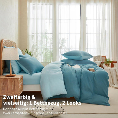 Doppelte Muslin Bettwäsche 200x200 Petrol Blau – 3-teilig