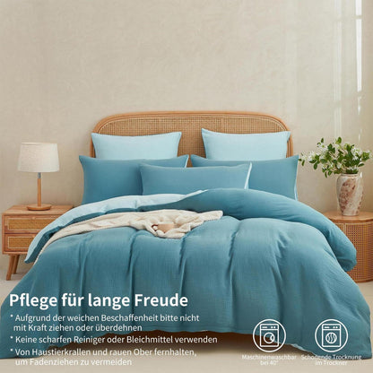 Doppelte Muslin Bettwäsche 200x200 Petrol Blau – 3-teilig