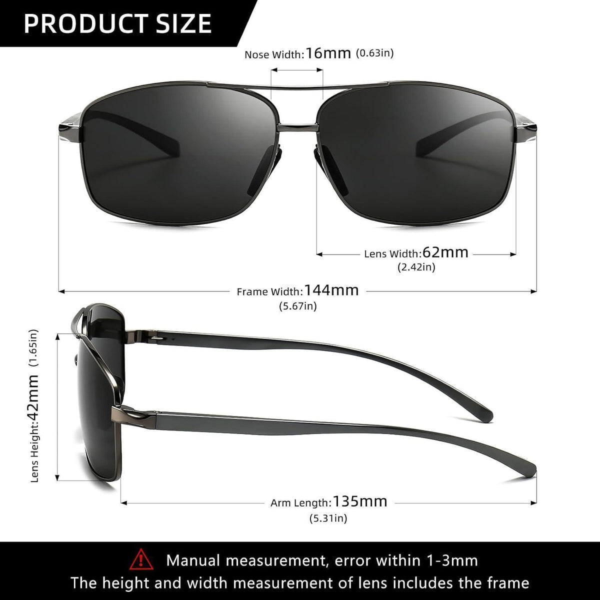 Herren Sonnenbrille Rechteckig Polarisert UV400 Metallrahmen Grau