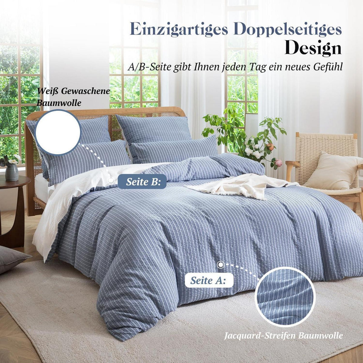 Bettwäsche-Set 135x200 Baumwolle Denimblau 4tlg. Jacquard & Stone Wash