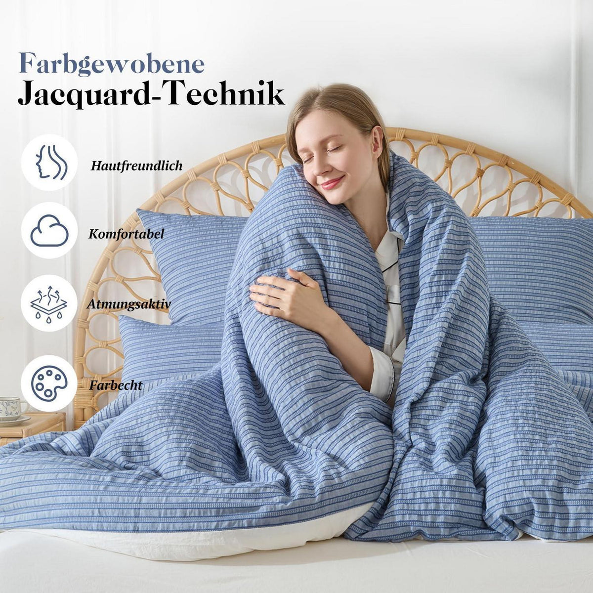 Bettwäsche-Set 135x200 Baumwolle Denimblau 4tlg. Jacquard & Stone Wash