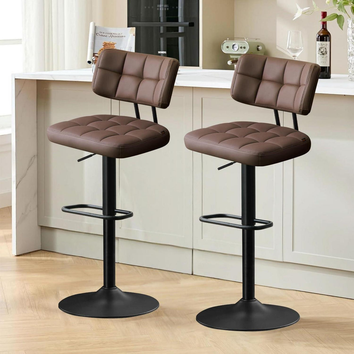 Barhocker Set 2x Höhenverstellbar PU-Leder Braun